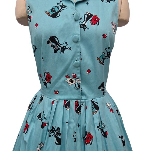 VooDoo Vixen Kitchen Kitten Betty Dress Size L 8 New Blue Fit Flare Cats Retro - Picture 4 of 10